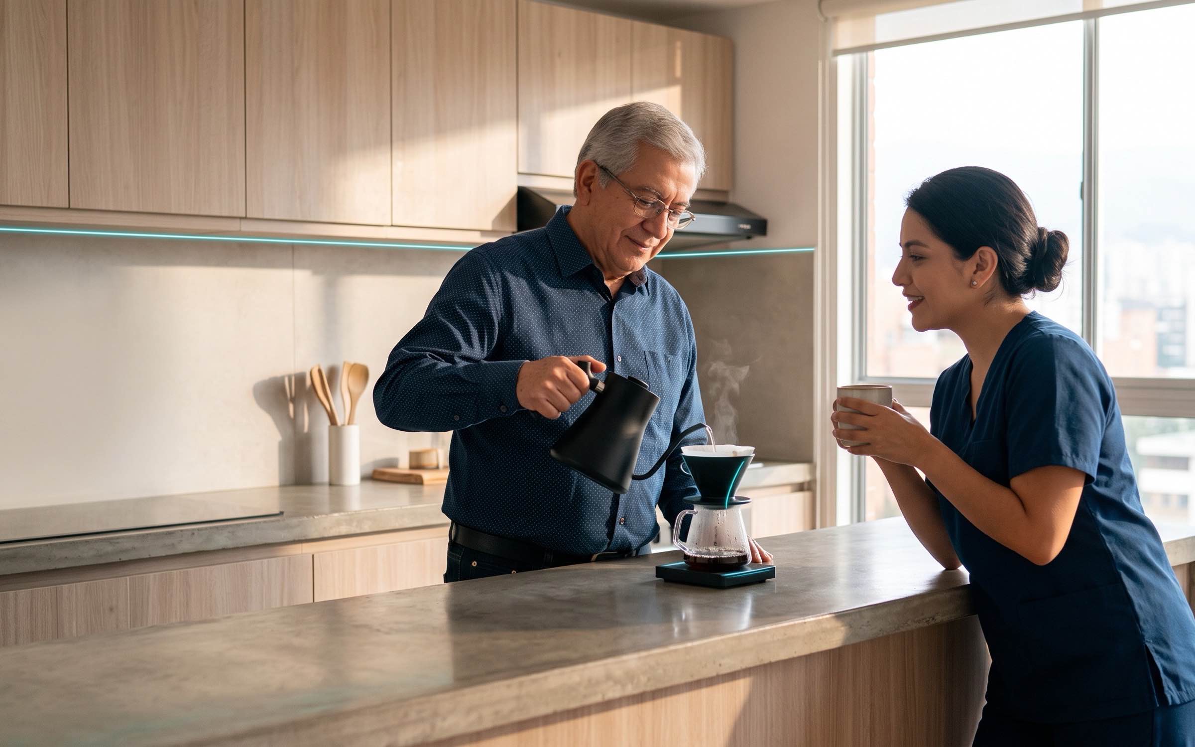 Pareja adulta conversando en la cocina de casa mientras preparan café