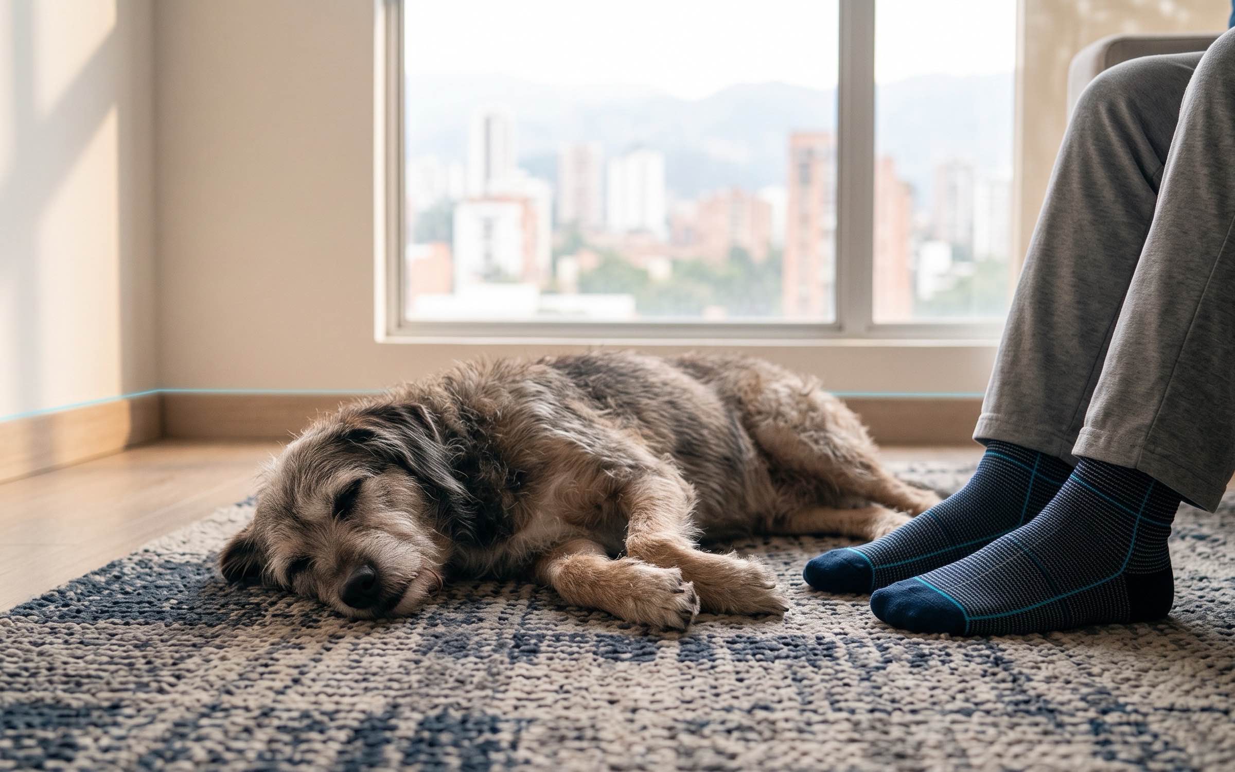 Perro mayor descansando sobre la alfombra, junto a los pies de su dueño y una ventana con luz de tarde