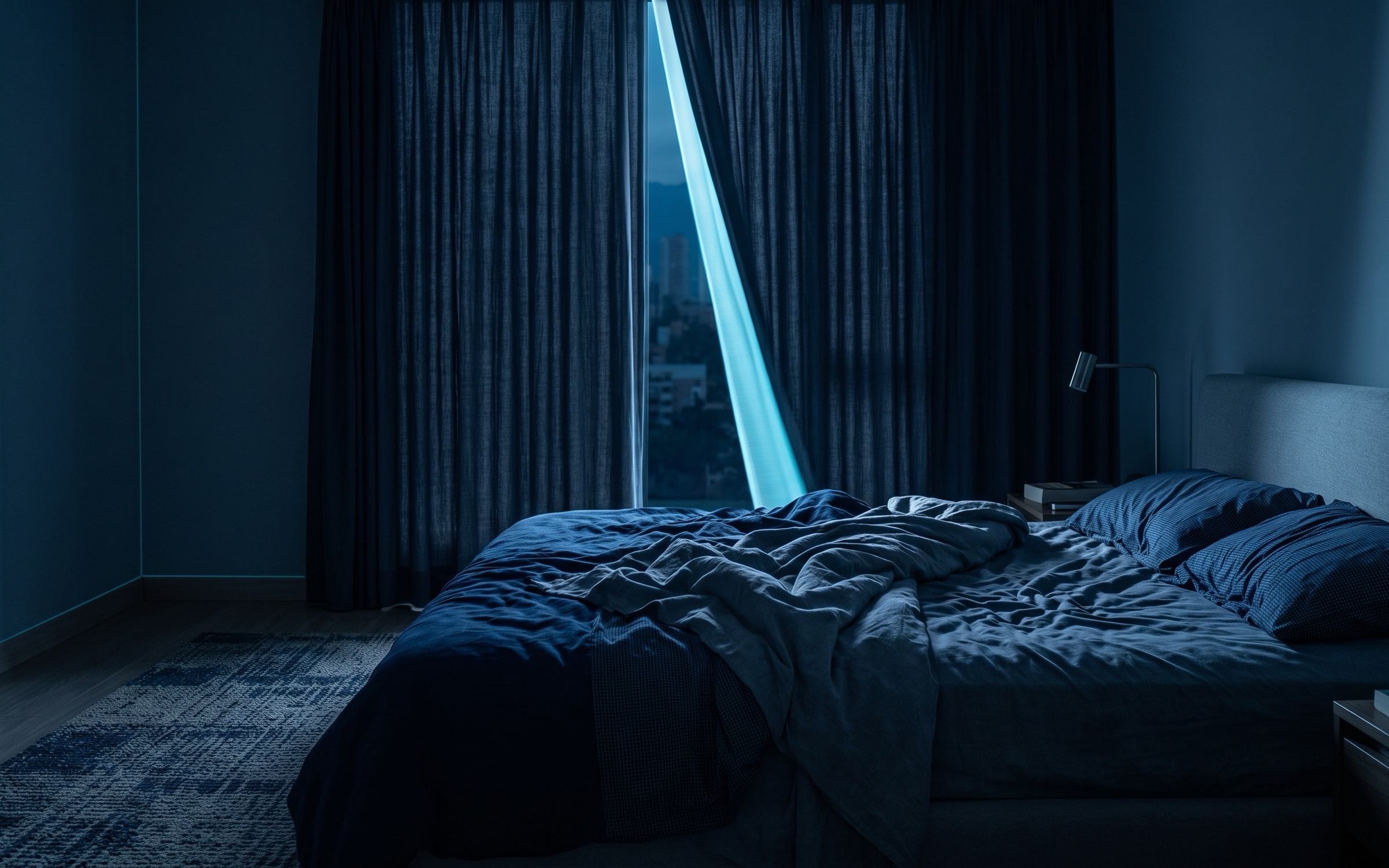 Dormitorio en penumbra con una franja de luz azulada entrando entre las cortinas