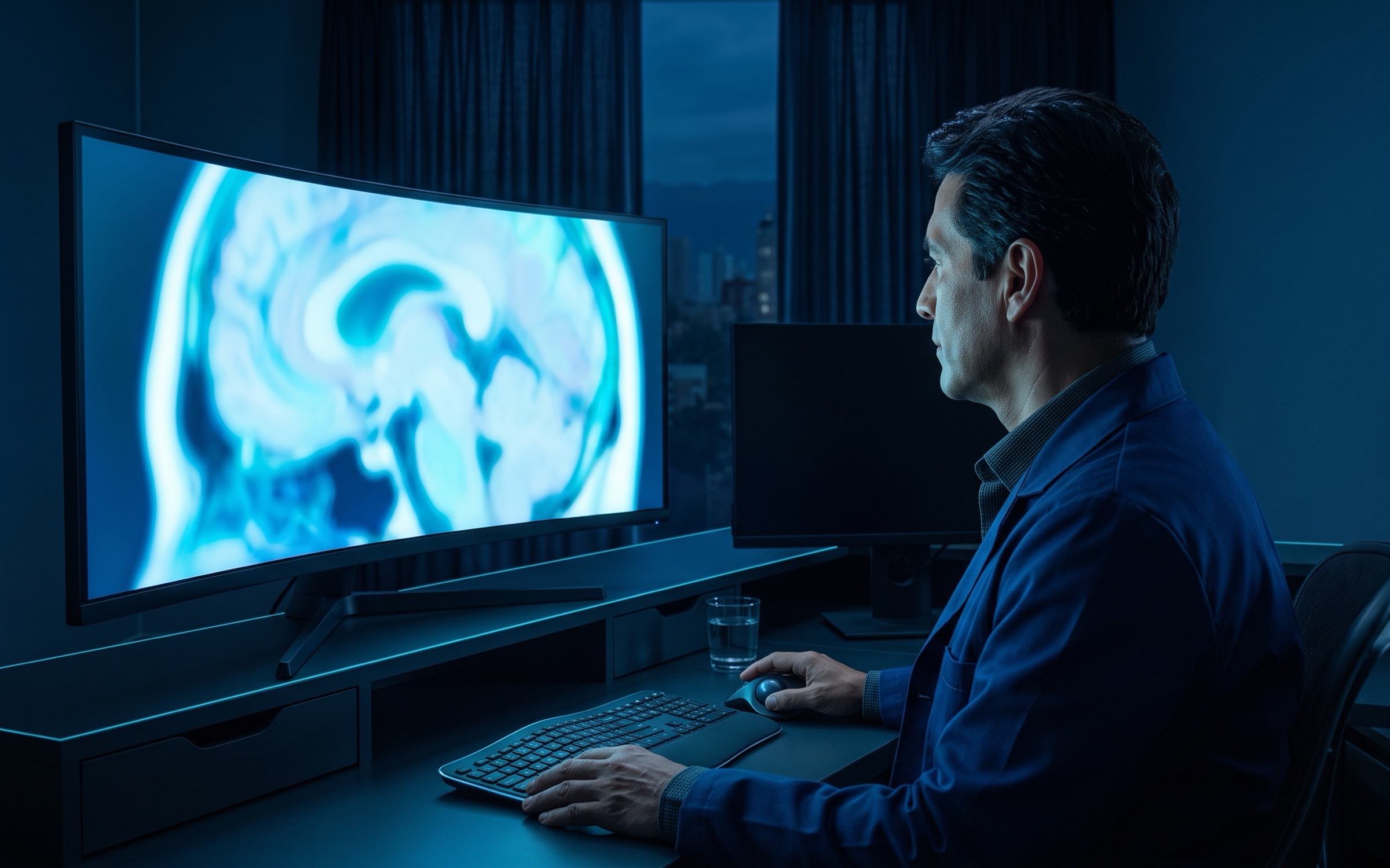 Radiólogo revisando una imagen diagnóstica en un monitor grande, en una sala en penumbra