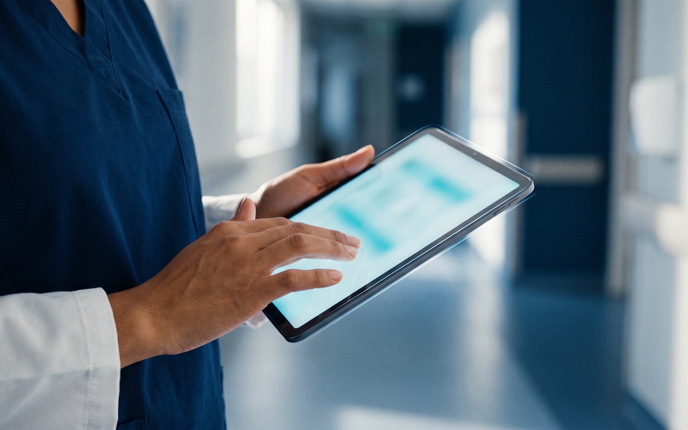 Manos de una profesional de la salud consultando una tableta en el pasillo de un centro médico