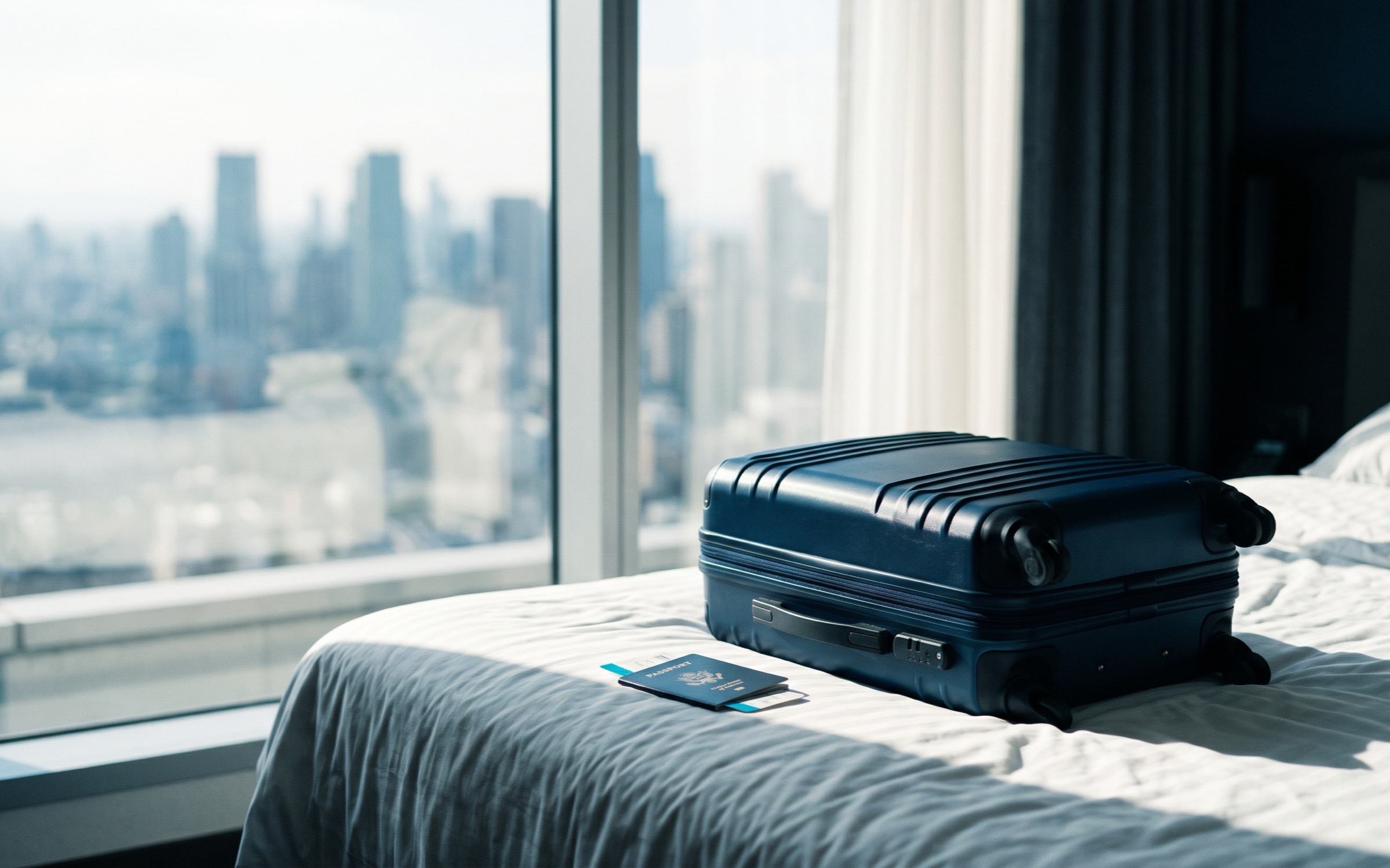 Maleta de cabina y pasaporte sobre la cama de una habitación de hotel, con la ciudad al otro lado del ventanal